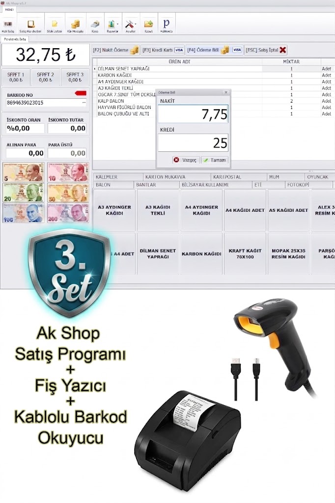 Barkod Satış Sistemi & Fiş Yazıcı & Kablolu Barkod Okuyucu